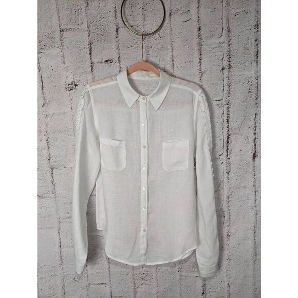 Lilly Pulitzer Sea‎ View Linen Button Down Top White Crochet Sleeve Sz M Medium - Picture 1 of 9